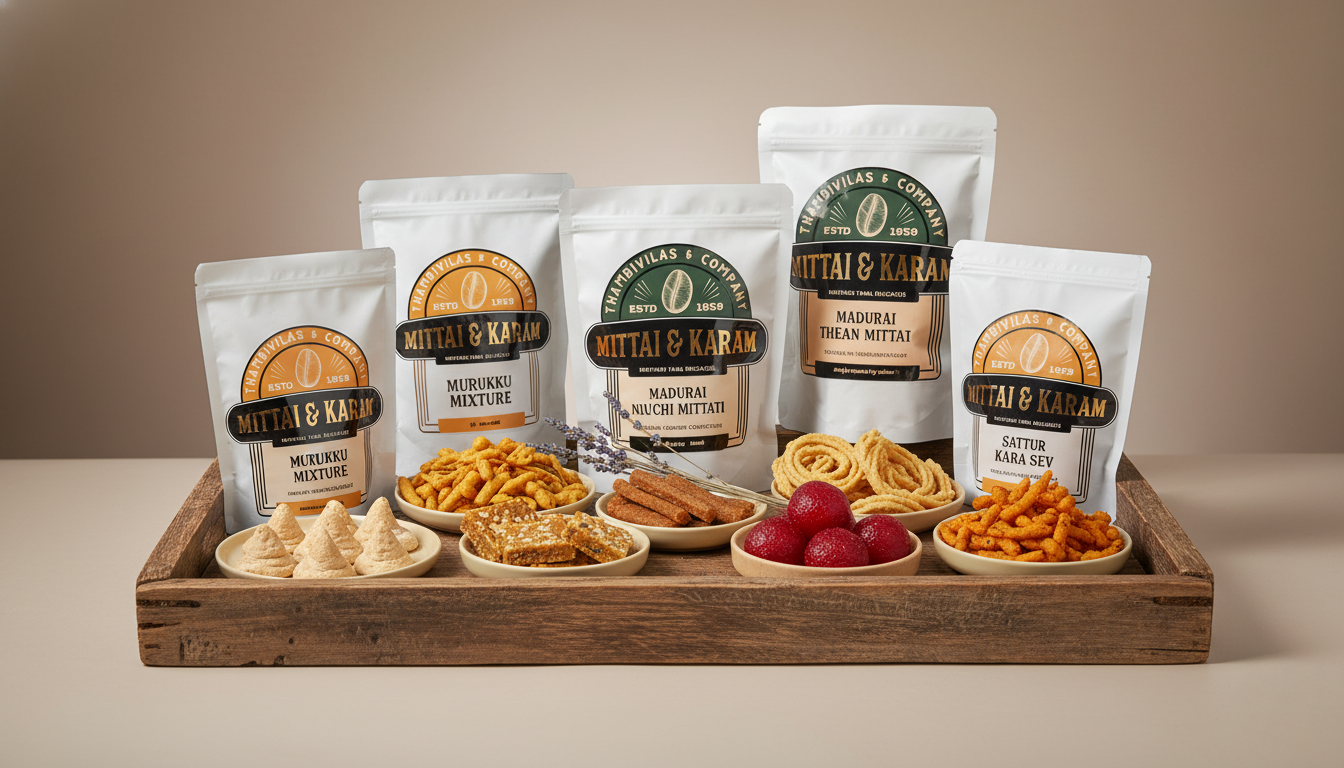 Assorted snacks on a wooden tray with 'Mittal & Karam' branded packages.