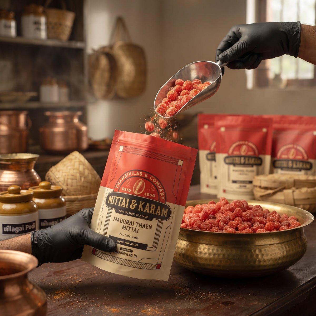 Traditional Tamil snacks being packed by hand