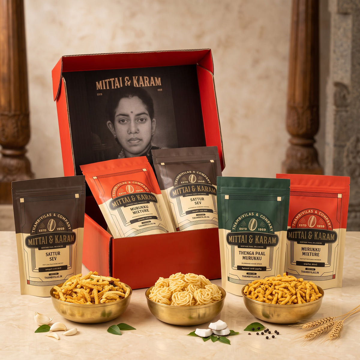 Tamil Karam Treasury assortment in a Thambivilas gift box