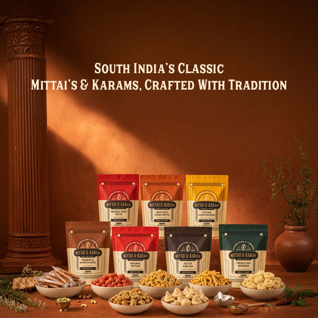 Seven Mittai &amp; Karams pouches with their sweets and savouries on a traditional table