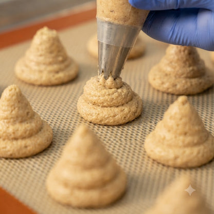 Cashew macaroon batter piped onto a baking tray