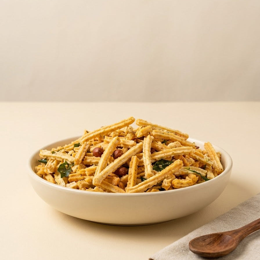 Murukku Mixture served in a ceramic bowl