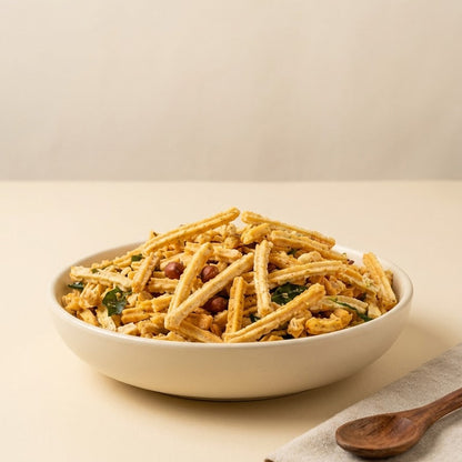Murukku Mixture served in a ceramic bowl