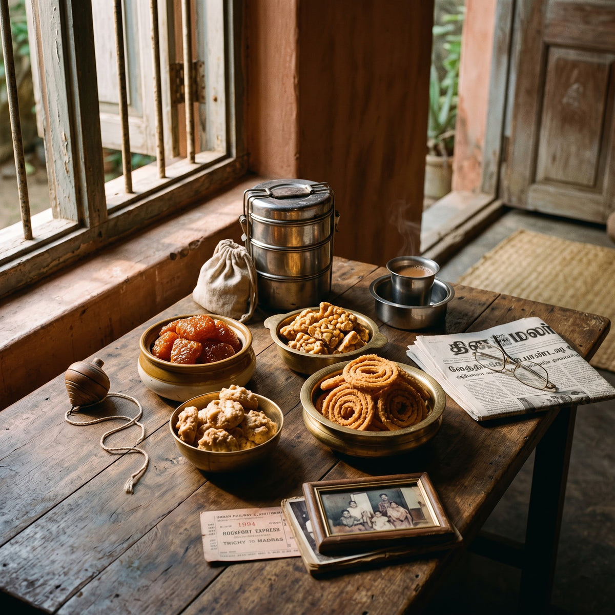 Sweets, murukku and tea on a wooden table beside a traditional window