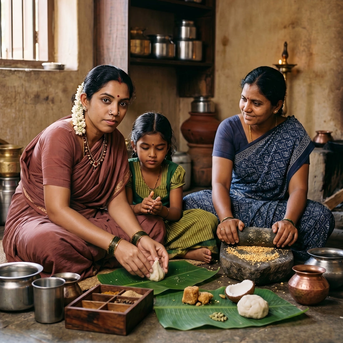 A family prepares traditional food together in a Tamil kitchen